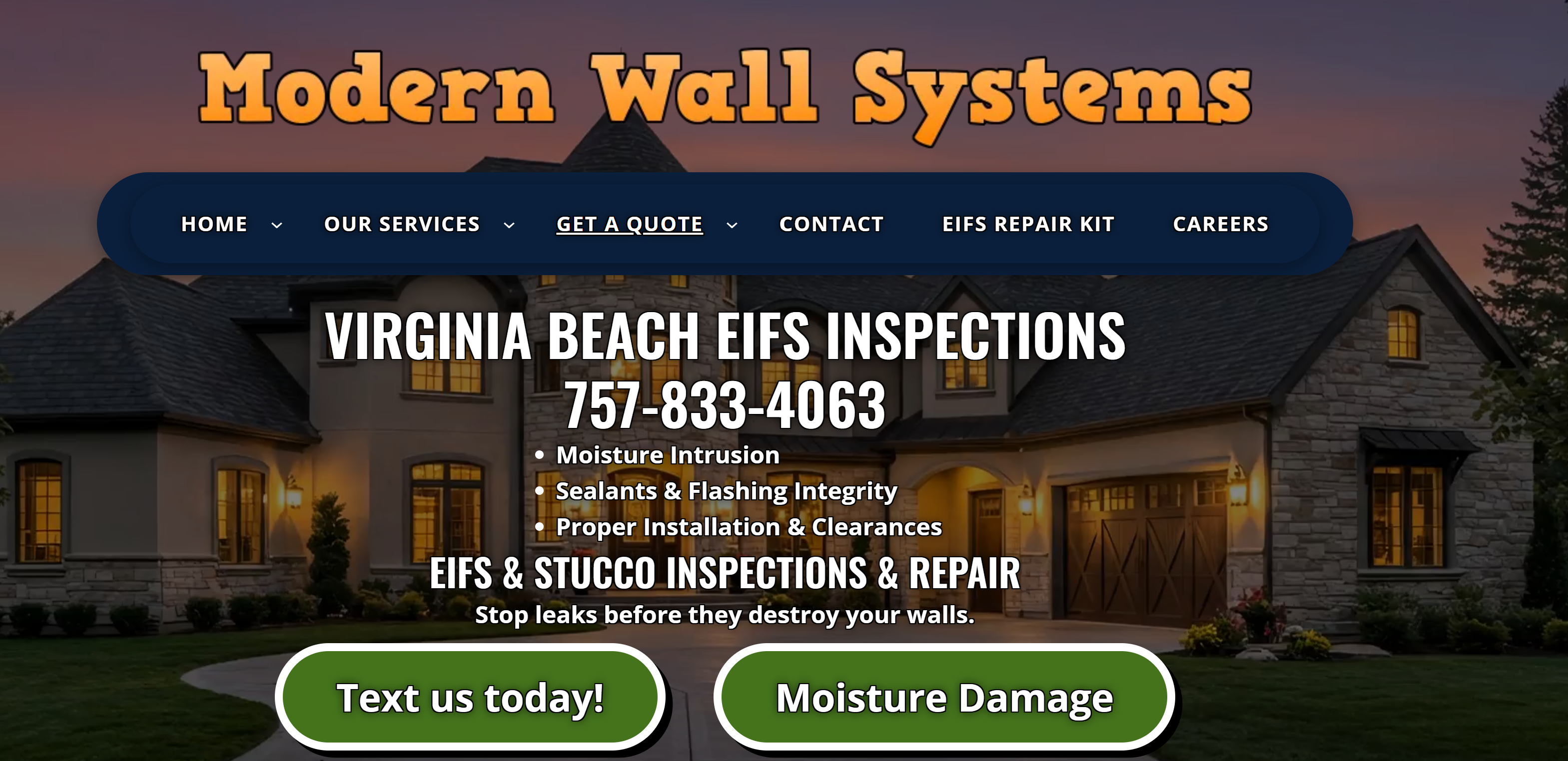 Modern Wall Systems homepage, showing a Virginia Beach house at dusk with the headline Virginia Beach EIFS Inspections